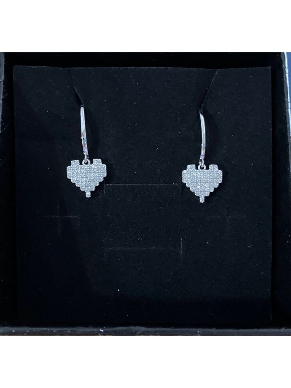 Sterling Silver Heart Shaped Dangle Earrings w/rows of CZ, 1” Drop